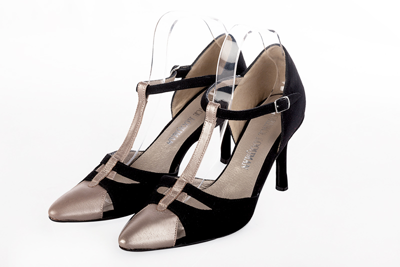Tan beige and matt black women's T-strap open side shoes. Tapered toe. High slim heel. Front view - Florence KOOIJMAN